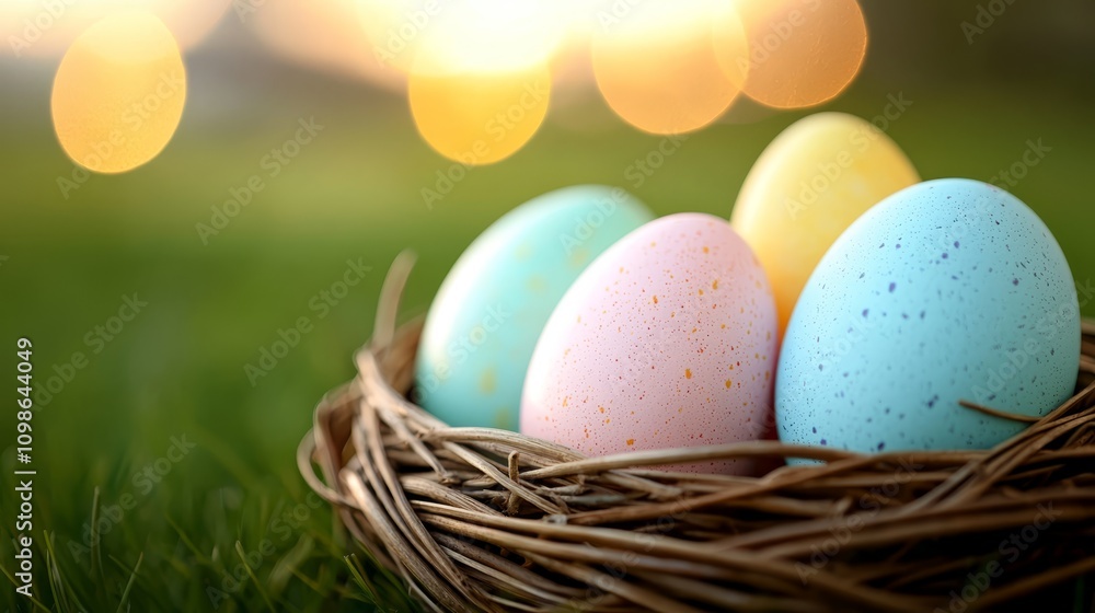 Fototapeta premium a nest filled with colorful Easter eggs sitting on top of a lush green field, with a blurred background