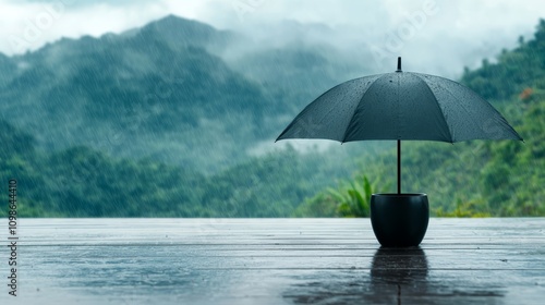 Wallpaper Mural  a black umbrella sitting atop a wooden table in the rain The table is surrounded by lush green plants and trees, and in the background, majestic mountains and a cl Torontodigital.ca