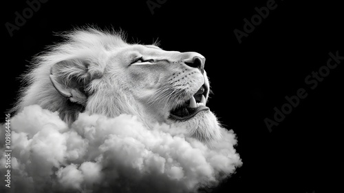  a black and white photo of a lion roaring in the clouds against a dark background