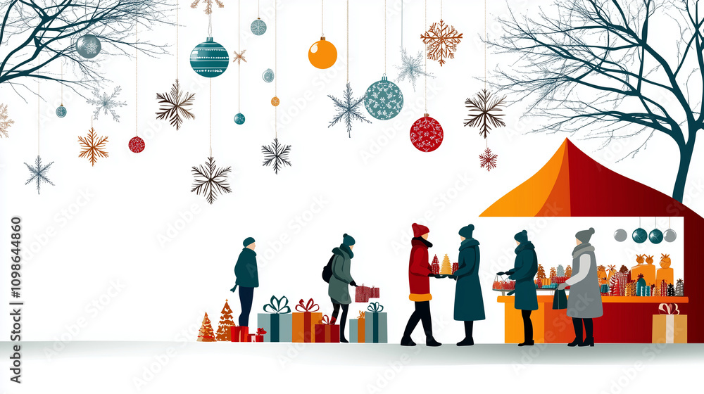 Naklejka premium Christmas Market Stall with Ornaments and Sweets in Winter