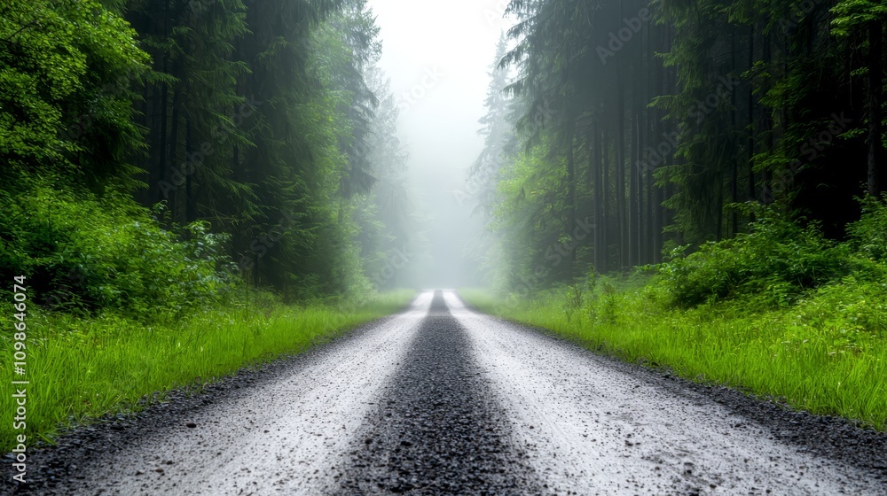 Obraz premium a dirt road winding through a lush green forest, with tall trees on either side and a bright blue sky in the background