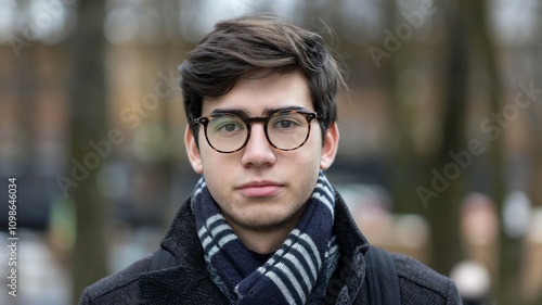 A young man in glasses and a scarf is looking at the camera