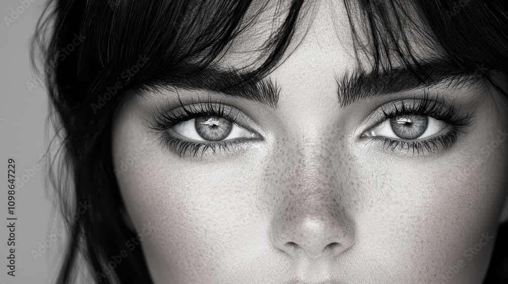 Obraz premium a black and white photo of a woman with freckles on her face Her eyes are the focus of the image, and the background is blurred, giving the photo a dreamy, etherea