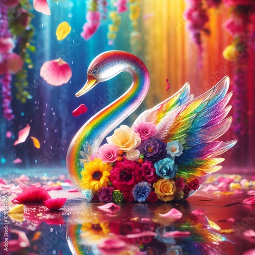 Glass swan with flowers petals and rainbow colors photo