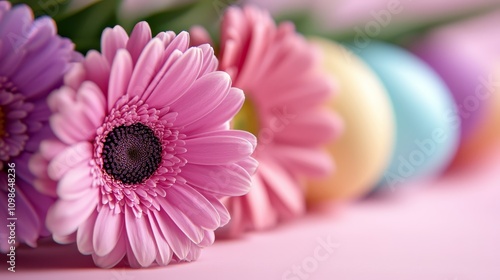  a vibrant array of pink and purple gerbera daisies on a pink background, with a few colorful eggs scattered around them The background is slightly blurred, giving