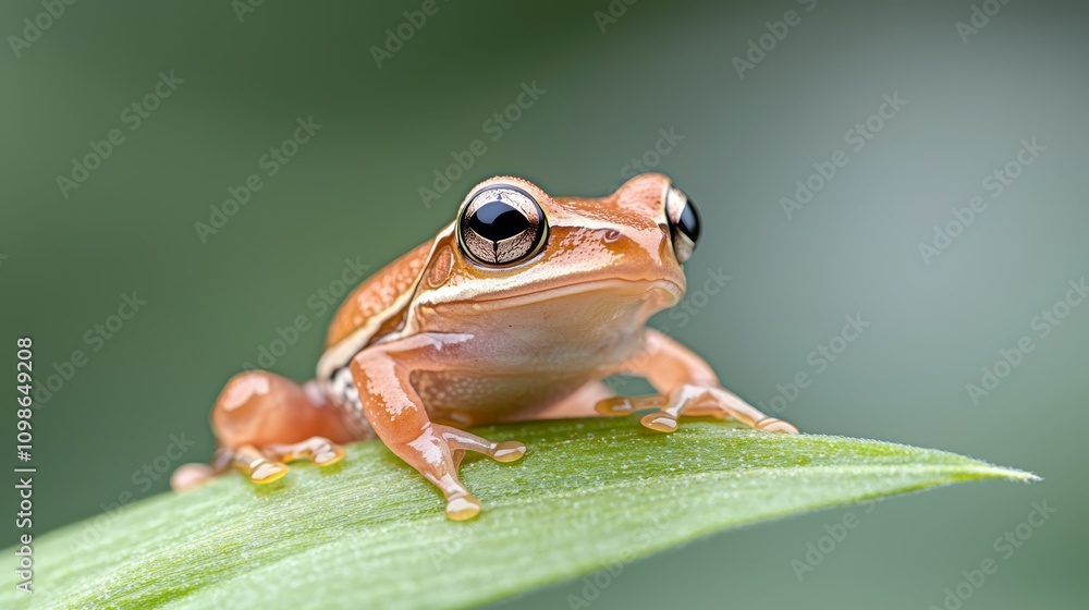 Fototapeta premium a brown frog sitting atop a green leaf, with a blurred background