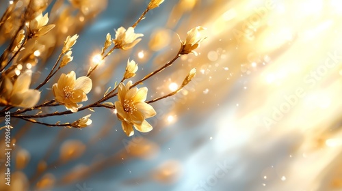  a tree branch with yellow flowers in the sunlight, set against a blurred background The resolution of the image is 1920x1080, making it suitable for use as a deskt photo