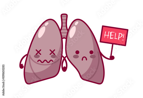 Smokers Lungs. Cute characters in kawaii style. Diseased organ, respiratory system. Vector illustration. Health problems. For sticker, books, design element. Medical brochure template.