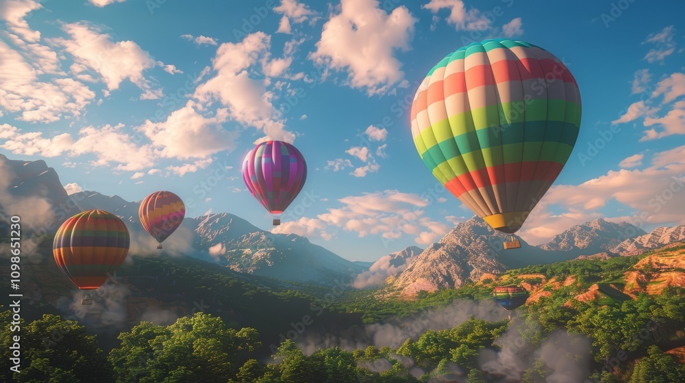 Fototapeta premium A group of colorful hot air balloons are flying over a lush green forest. The sky is filled with clouds