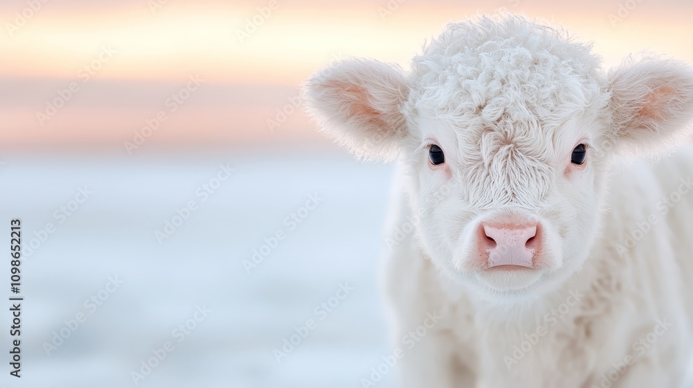 Obraz premium a white calf standing in the snow at sunset, with a blurred background