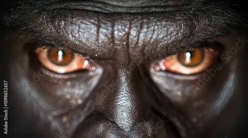   a close up of a chimpanzee's face, with its brown eyes looking directly at the camera photo