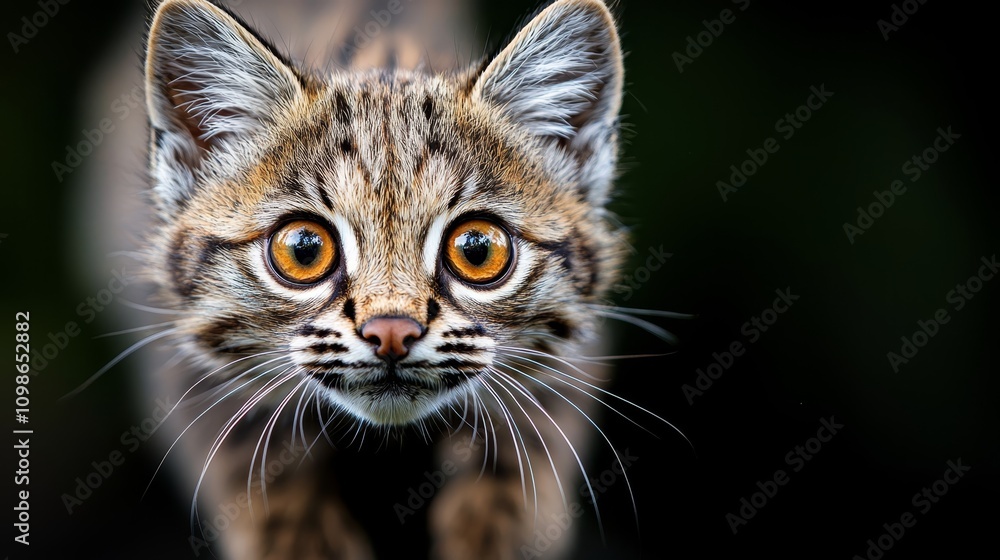 Fototapeta premium a close up of a bobcat's face with yellow eyes, set against a blurred background