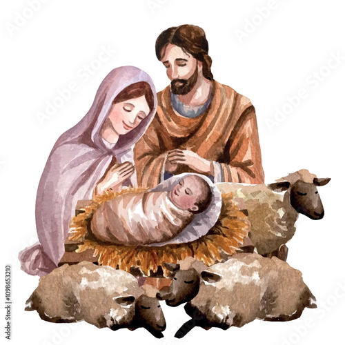 Vector freehand Christmas scene is an artistic watercolor depiction of the Nativity of Christ, including 
Mary, Joseph, baby Jesus isolated on a white background. Hand drawn watercolour card
