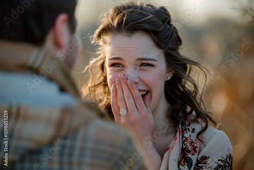 A Caucasian man is proposing to a woman, Surprise marriage proposal. photo