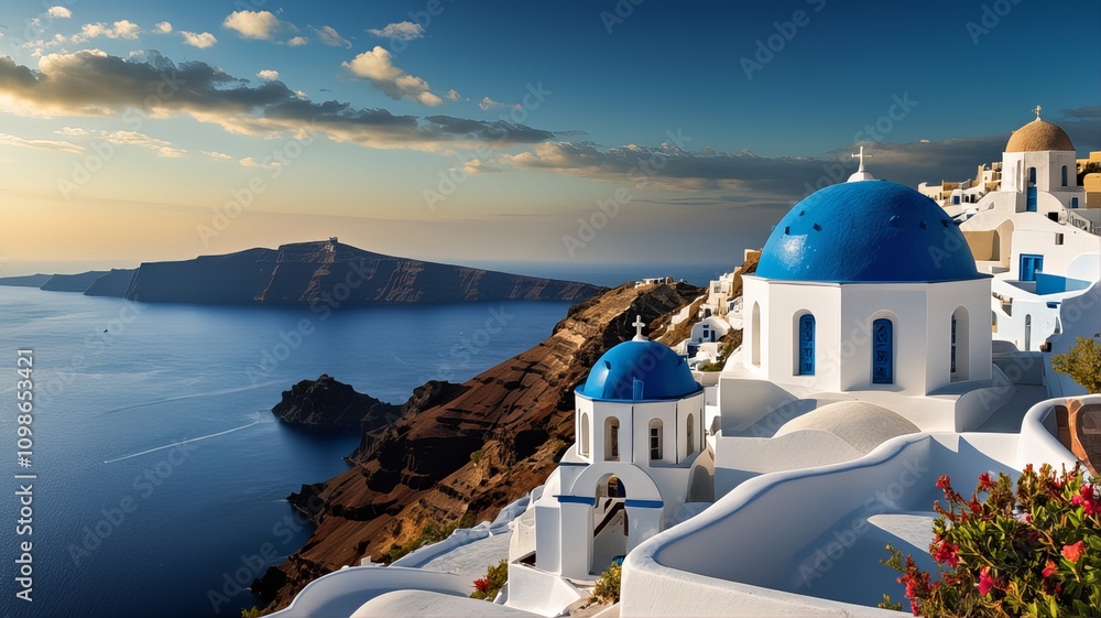 Obraz premium Santorini island view with blue domed churches and scenic coastline, ideal for travel and tourism-themed designs