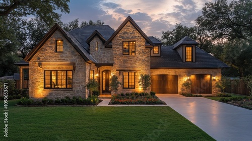Beautiful Luxury Home in Dallas, Texas With Stunning Yard and Evening Lighting. Generative AI