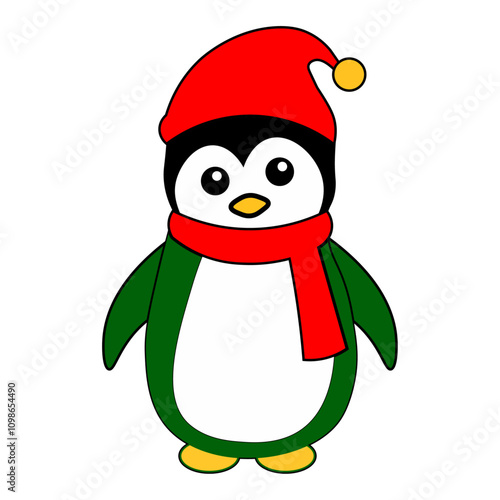 Vector outline of a cute frosty the penguin wearing a santa claus hat and scarf on white background.ai