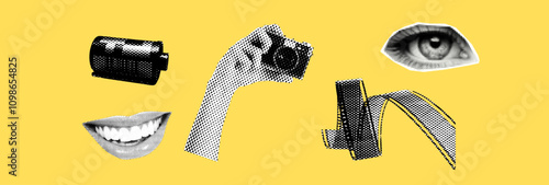 photography concept template design with person hand holding vintage camera 35 mm film female eye and smiling mouth retro grunge halftone collage element set pop art magazine style cutout object