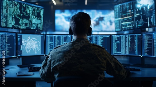 Military man sitting in headquarters or command center with multiple monitors, war and armed conflict theme
