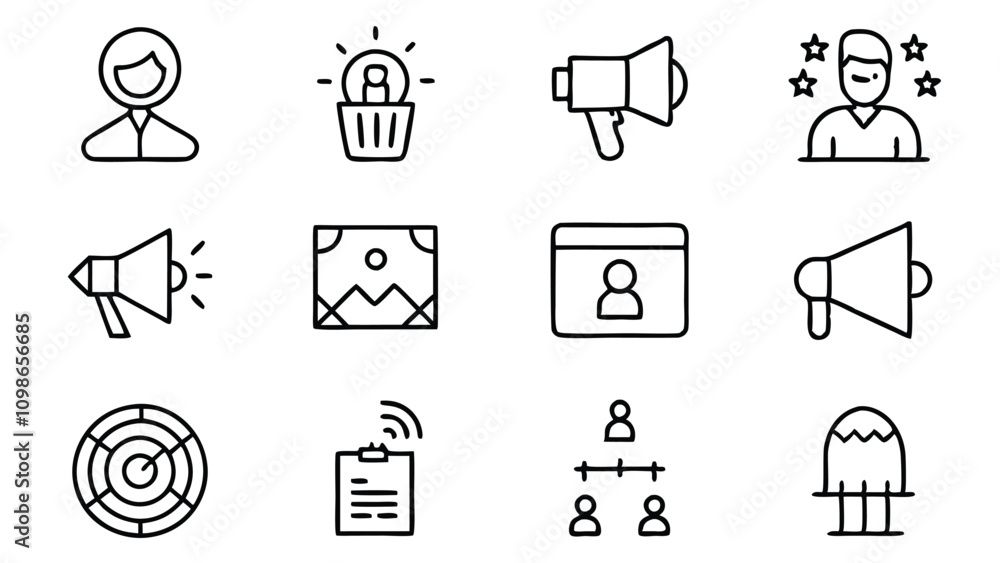 Fototapeta premium A Collection of Modern Line Icons for Social Media, Communication, and Networking, Perfect for Logos, Shapes design, Vector Art EPS Format.