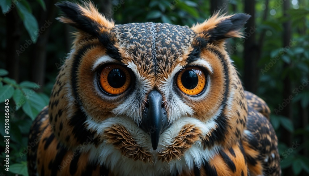 Obraz premium Close-up portrait of a majestic owl with intense eyes in a lush green background
