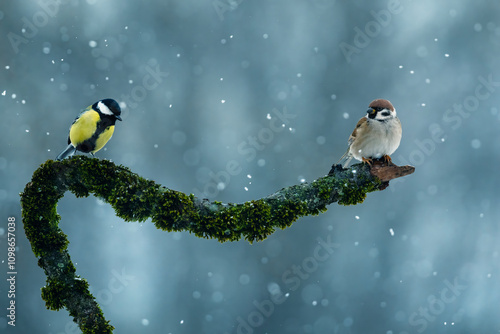 -two birds tit and sparrow sitting on a beautiful branch in the garden under ...