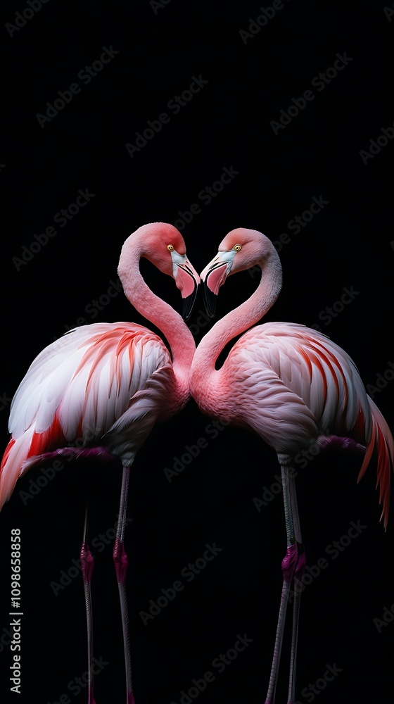 Naklejka premium Flamingo pair symbolizes love under Brazil’s lush and colorful backdrop.
