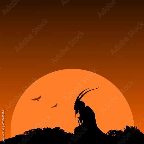 Vektor Silhouette im Sonnenuntergang - Düstere Kreatur mit Hörnern - Mythologie und Kultur - Wesen der Vergangenheit und Glaube an alte Götter