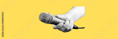 A hand holds a microphone. Collage element in halftone effect. Pop art illustration on bright yellow background. Vector 