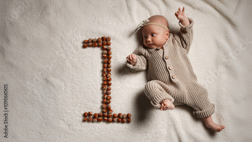 Active European baby full height, one month, pastel colors.