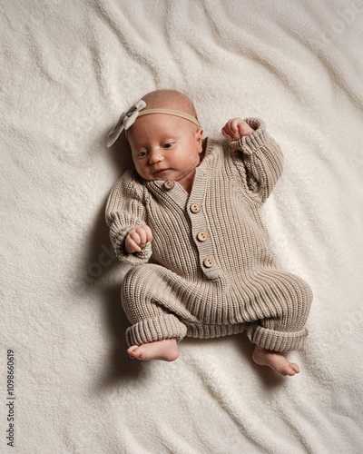 Active European baby full height, one month, pastel colors.