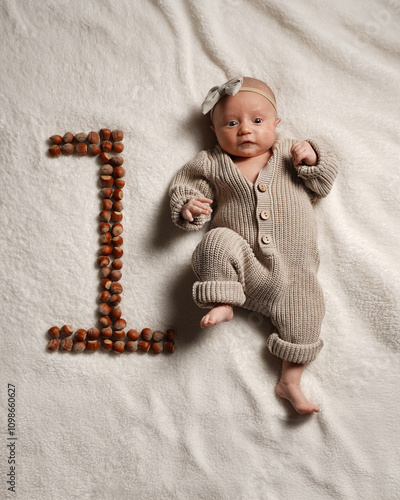 Active European baby full height, one month, pastel colors.