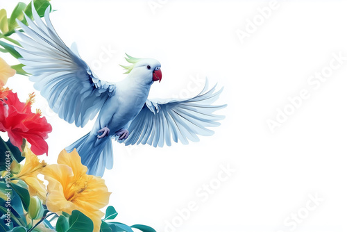 White cockatoo parrot and tropical plants isolated on white background photo