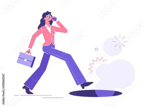 The girl is walking down the street, talking carelessly on the phone, not noticing the open manhole. Unexpected problems. Unforeseen difficulties. Life and health insurance. Financial losses. Vector.