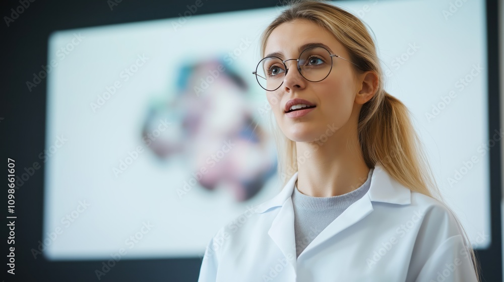Obraz premium Young scientist in white coat and round glasses with data screen. Medical research education
