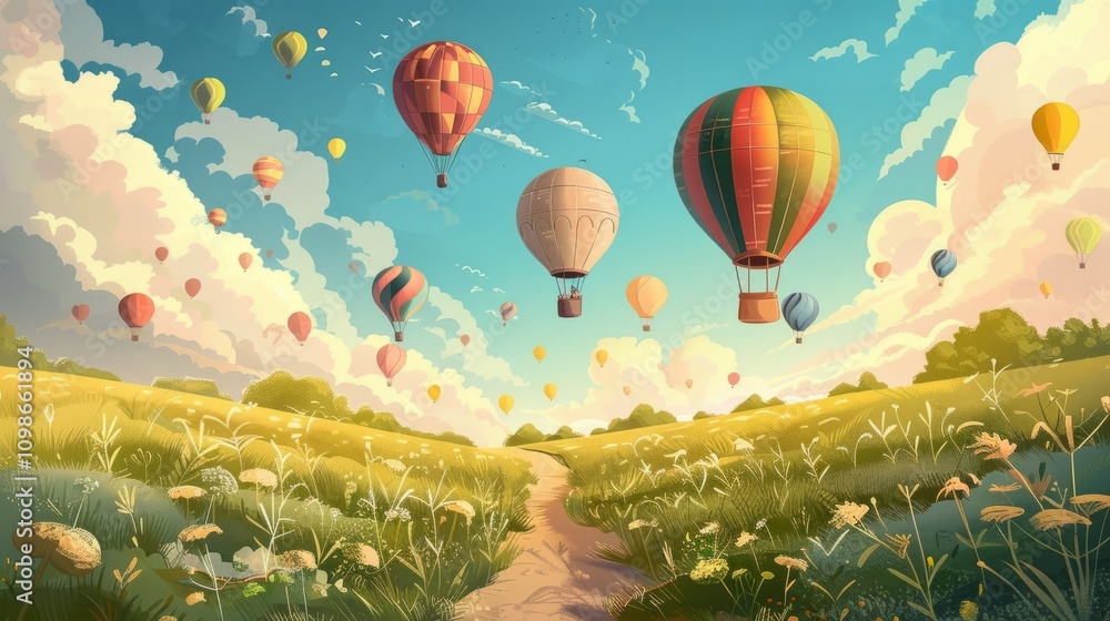 Fototapeta premium Imaginative illustration of a road trip journey through a field of colorful hot air balloons floating in the sky