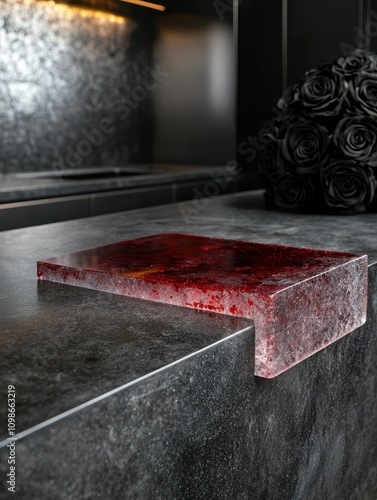 Elegant modern red resin sculpture on dark background photo