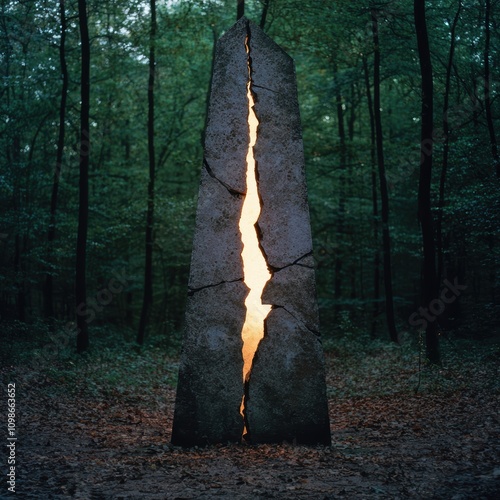 Glowing crack in ancient monolith in dark forest photo