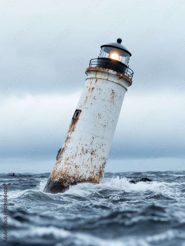 Obraz premium Weathered lighthouse standing tall in stormy ocean
