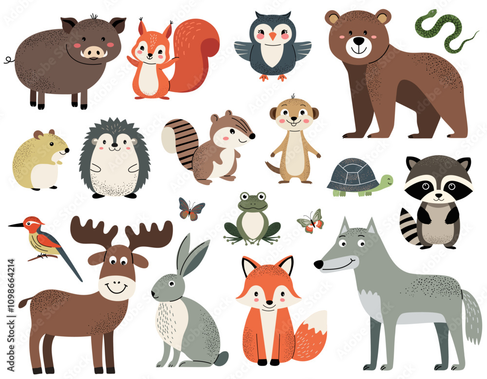Fototapeta premium Set of cute forest animals. Woodland animals. Wolf, fox, owl, boar, chipmunk, rabbit.