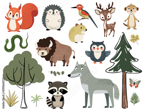 Woodland animals and trees. Cute forest animals. Squirrel, woodpecker, meerkat, snake, bison, owl, wolf, raccoon.