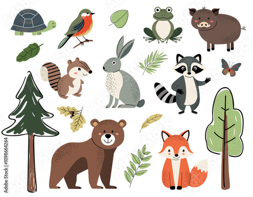 Set of cute forest animals. Woodland animals and trees. Bear, fox, frog, boar, raccoon, turtle, chipmunk, rabbit.