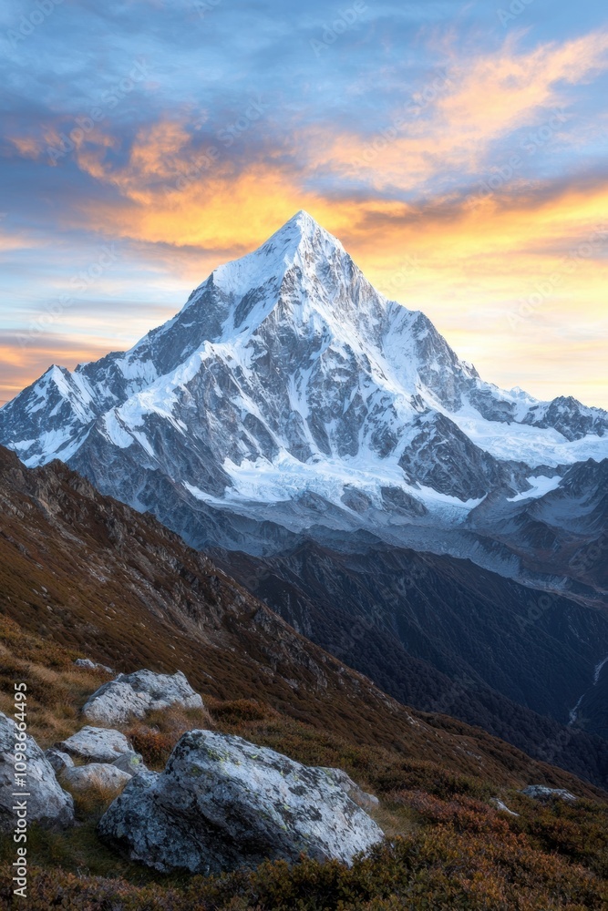 Obraz premium Majestic snow-capped mountain peak at sunset