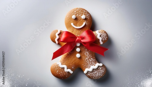 Christmas Gingerbread man set - A single gingerbread man tied with a red ribbon bow, placed on a light gray background