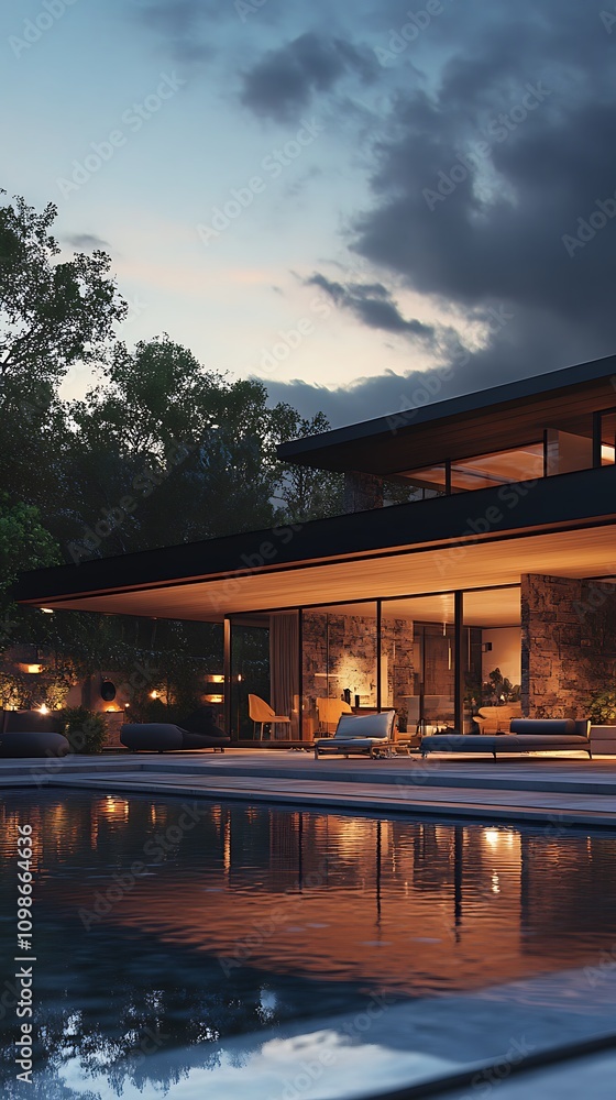 Fototapeta premium Elegant modern home stands resplendent against a twilight backdrop.