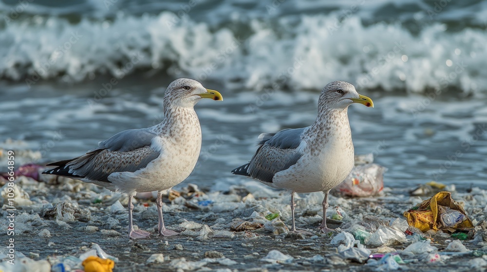 Fototapeta premium Two seagulls stand amidst plastic waste on a polluted beach with crashing waves in the background.