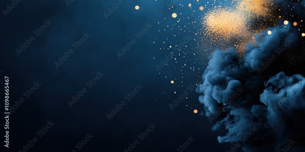 Obraz premium Blue smoke cloud with orange particles on navy background. Abstract energy visualization