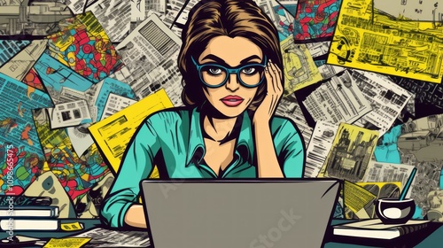 Woman amidst Paperwork: A Pop Art Illustration