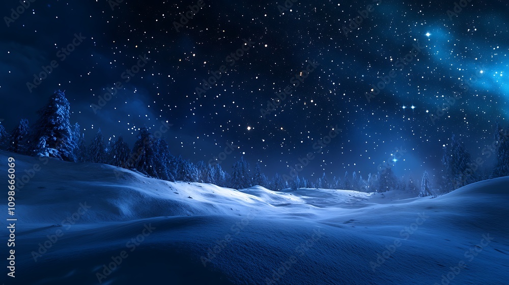 Fototapeta premium Wide Angle Shot of a Snow-Covered Landscape Under Midnight Sky