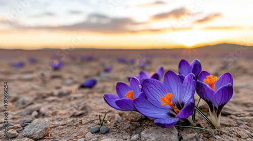 Vibrant purple crocus flowers blooming in the desert at sunset